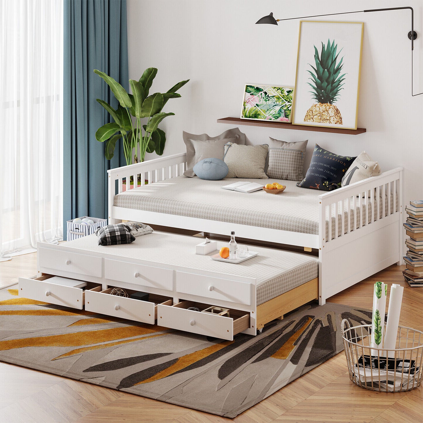 Full Size Wood Daybed Frame with Trundle Bed and 3 Storage Drawers-White Kids Crystal