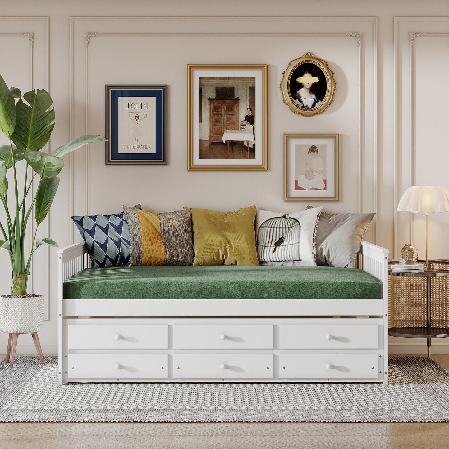 Full Size Wood Daybed Frame with Trundle Bed and 3 Storage Drawers-White Kids Crystal