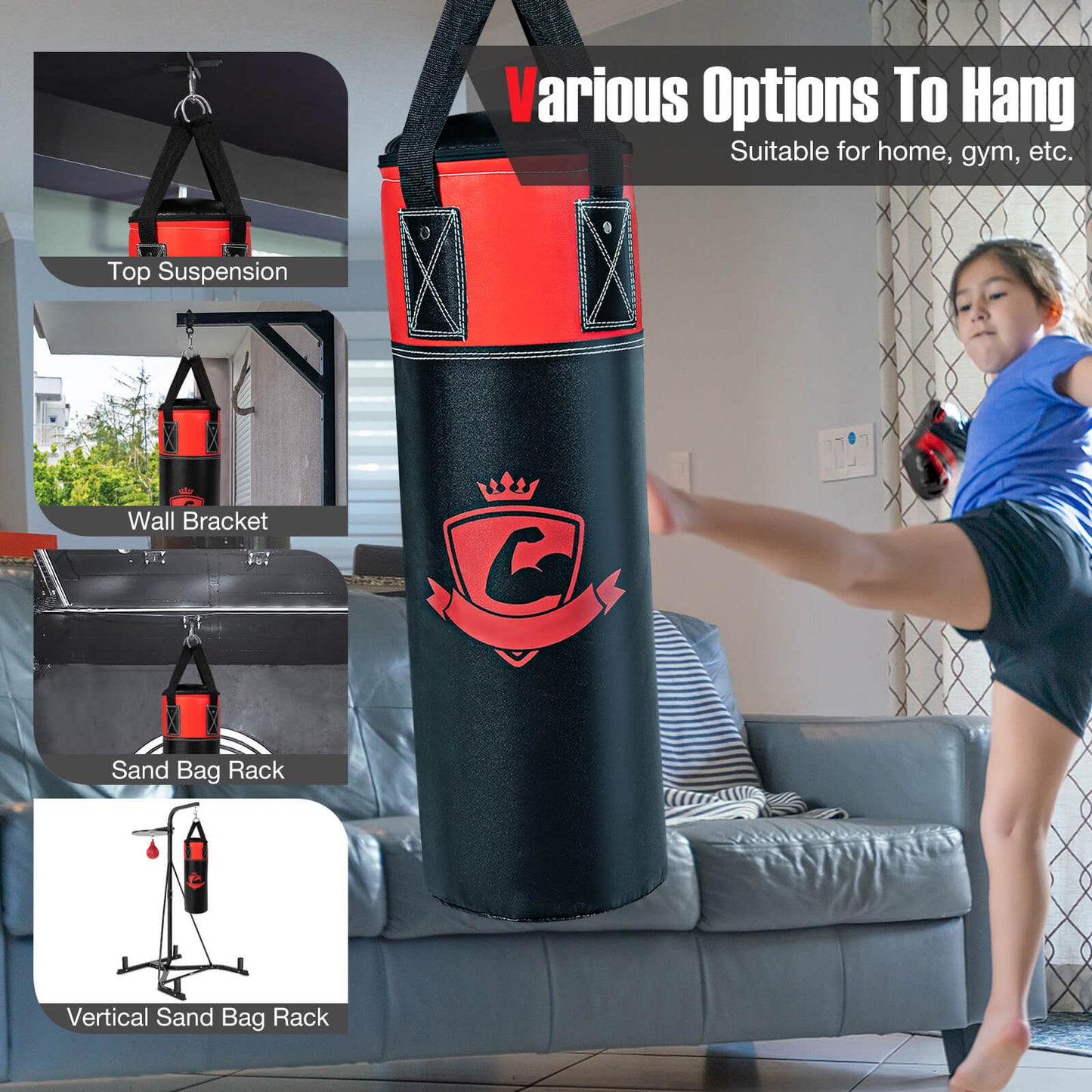 11 Pounds Kids Hanging Punching Bag Set with Punching Gloves-Black Kids Crystal