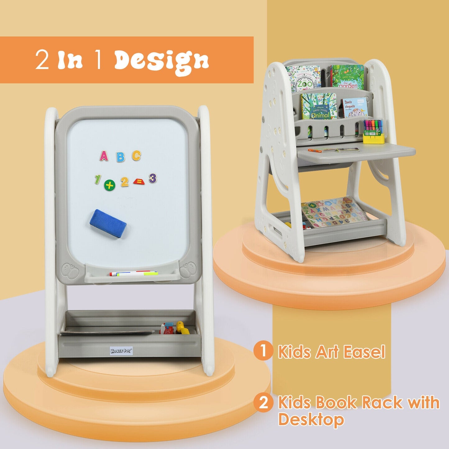 2-in-1 Kids Easel Desk Chair Set Book Rack Adjustable Art Painting Board-Gray Kids Crystal