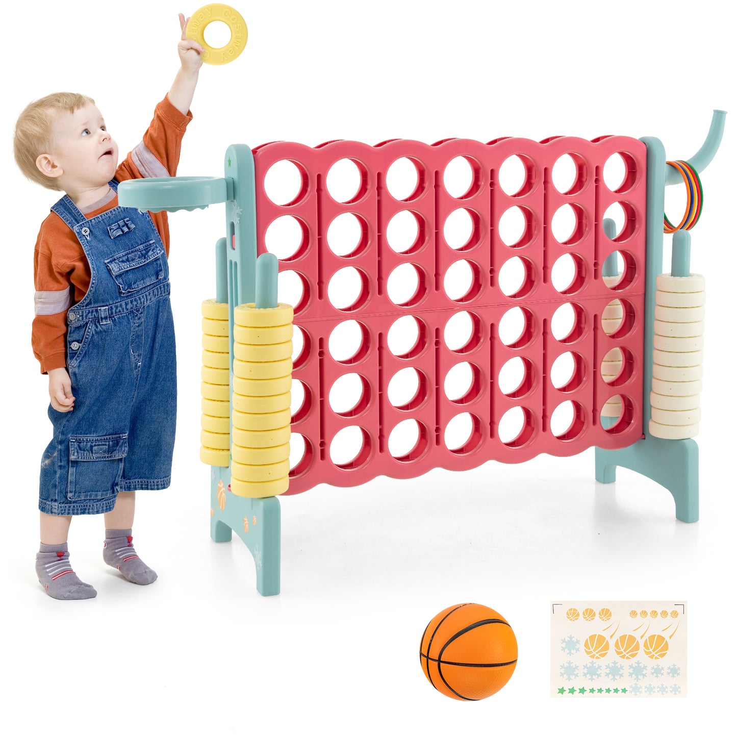 4-in-a-Row Connect Game with Basketball Hoop and Toss Ring-Blue Kids Crystal