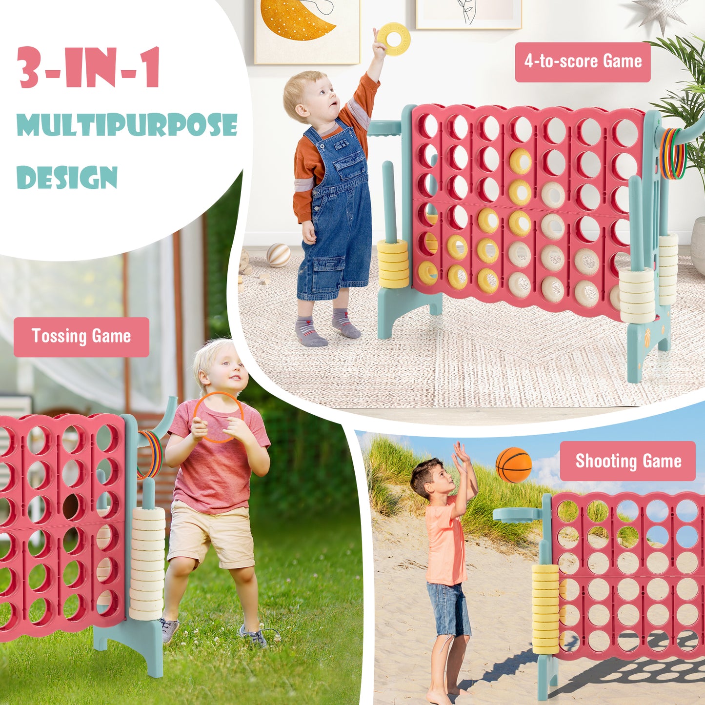 4-in-a-Row Connect Game with Basketball Hoop and Toss Ring-Blue Kids Crystal
