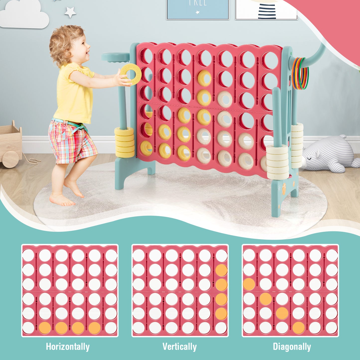 4-in-a-Row Connect Game with Basketball Hoop and Toss Ring-Blue Kids Crystal