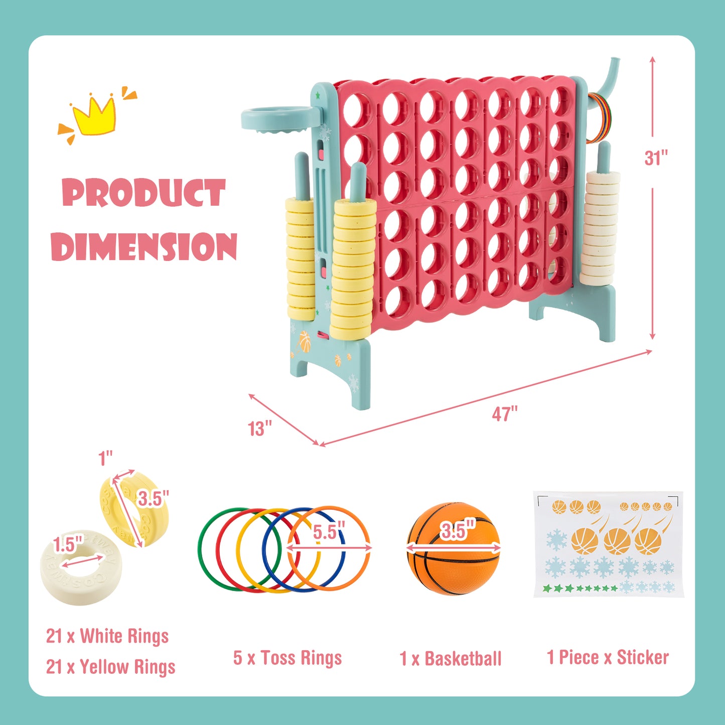 4-in-a-Row Connect Game with Basketball Hoop and Toss Ring-Blue Kids Crystal