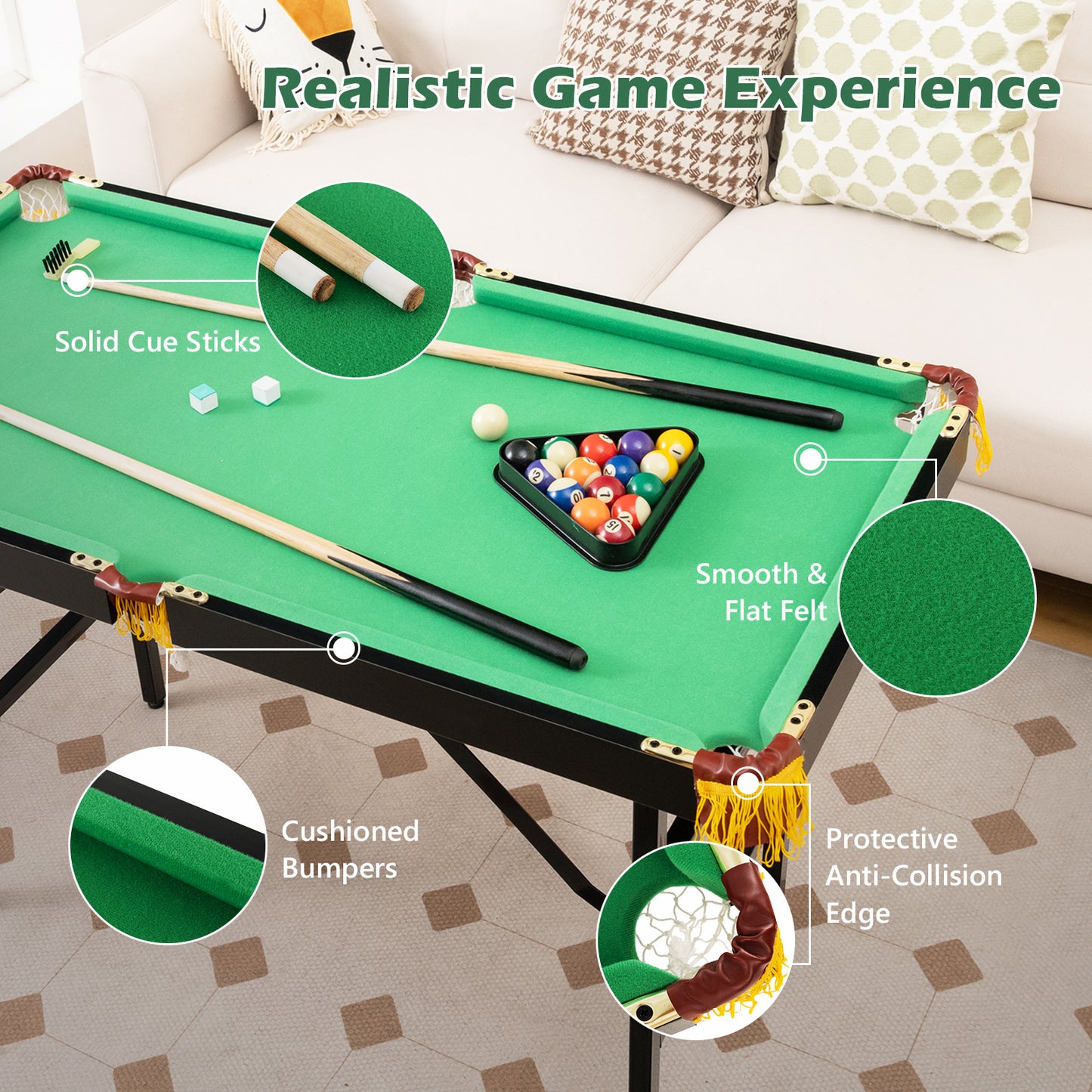 47 Inch Folding Billiard Table with Cues and Brush Chalk -Green Kids Crystal