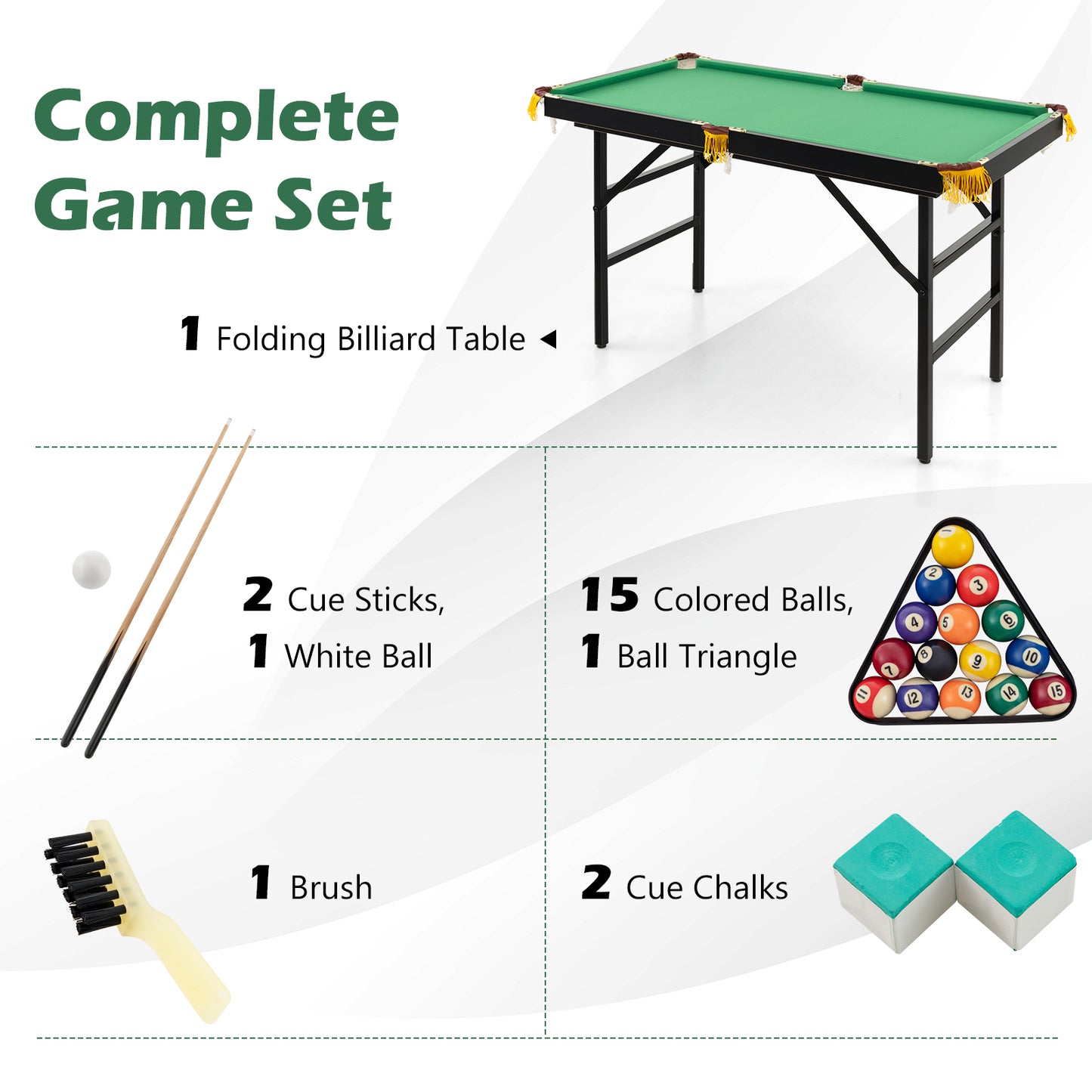 47 Inch Folding Billiard Table with Cues and Brush Chalk -Green Kids Crystal