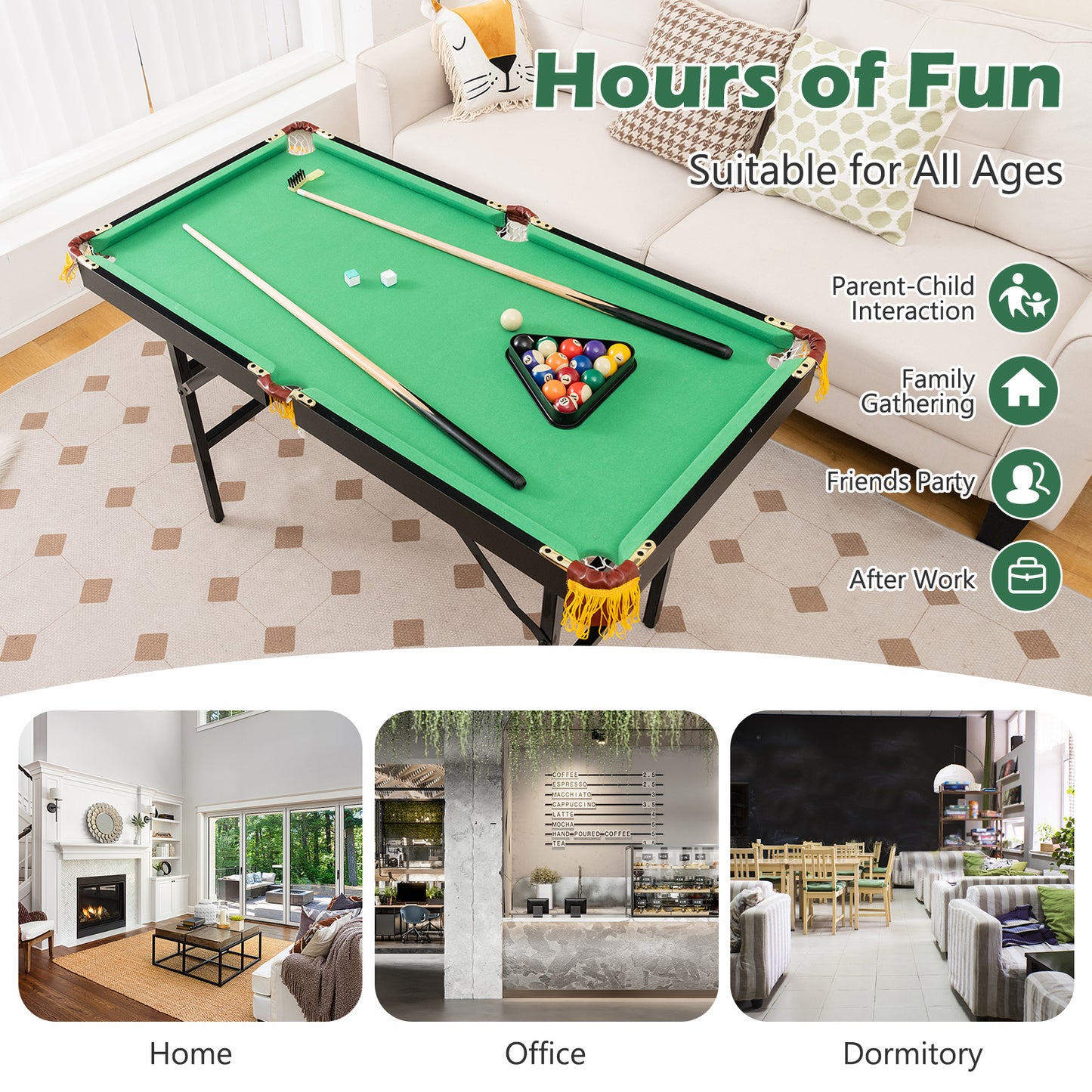47 Inch Folding Billiard Table with Cues and Brush Chalk -Green Kids Crystal