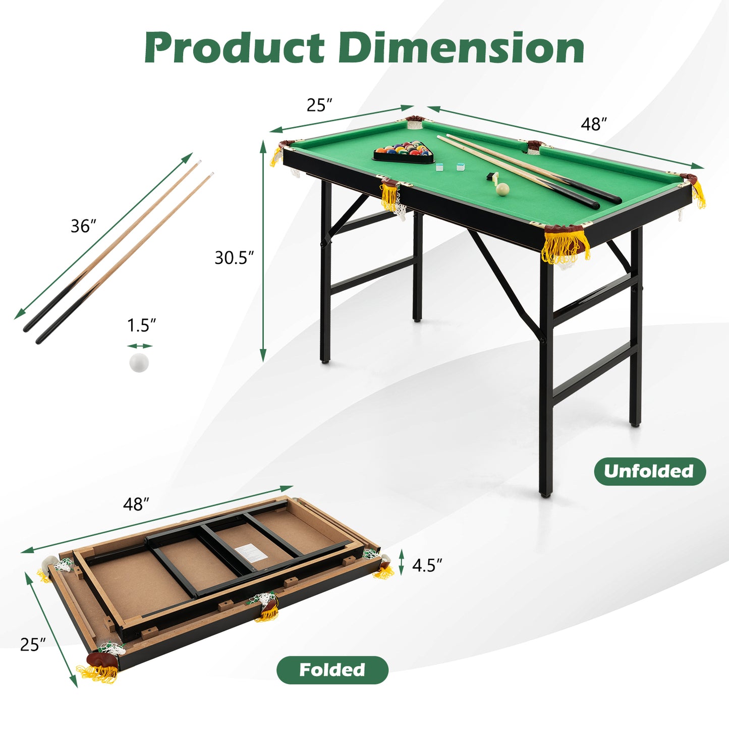 47 Inch Folding Billiard Table with Cues and Brush Chalk -Green Kids Crystal