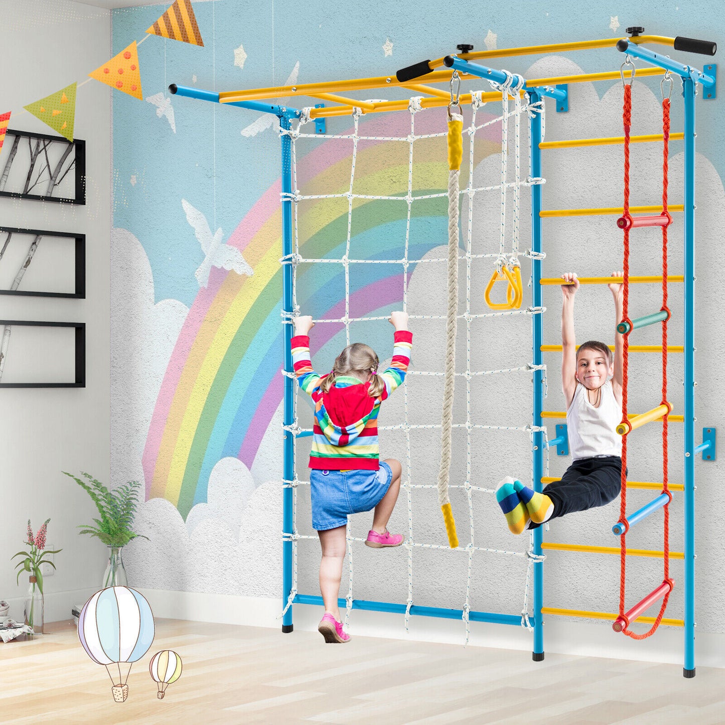 7 In 1 Kids Indoor Gym Playground Swedish Wall Ladder for Solid Wall-Yellow Kids Crystal
