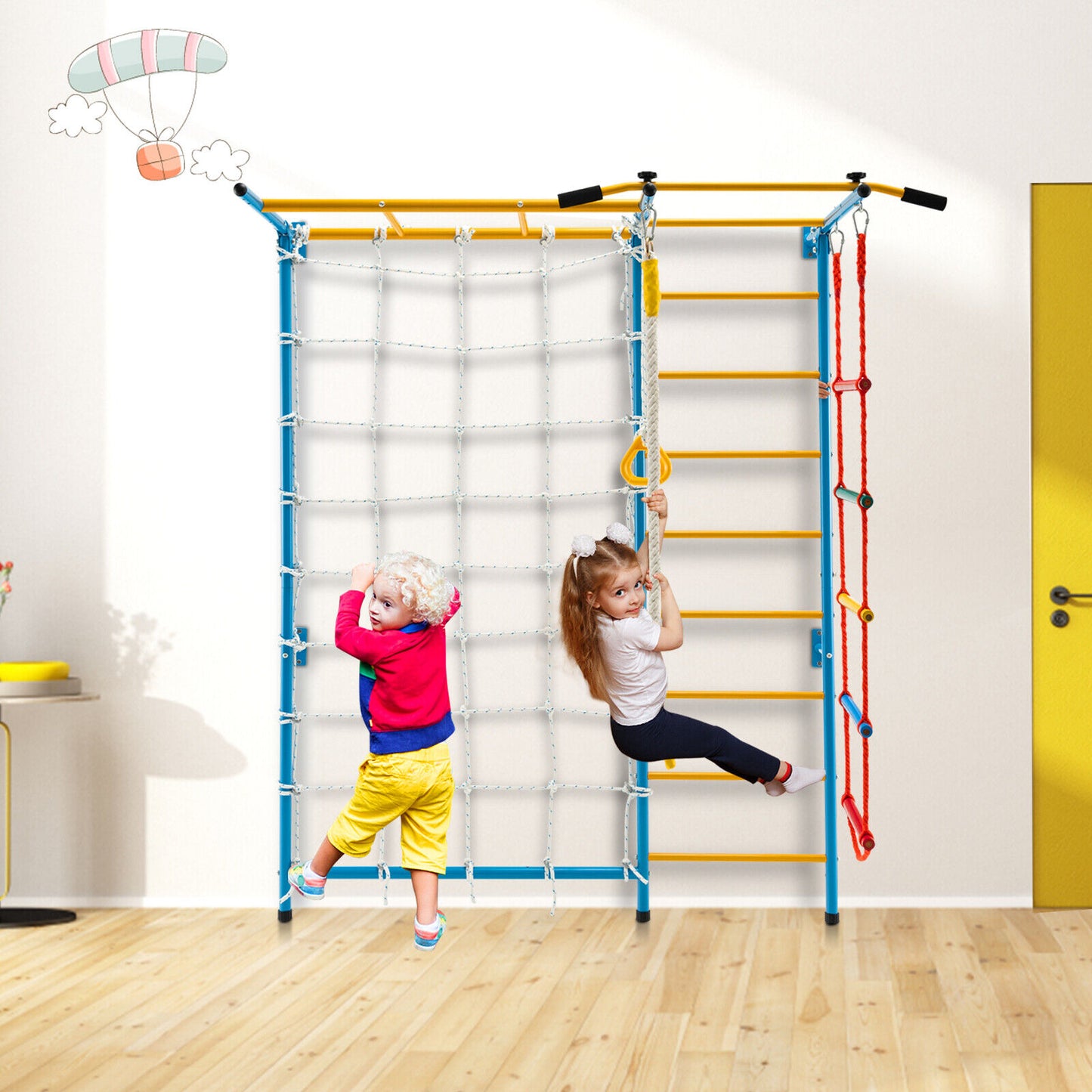 7 In 1 Kids Indoor Gym Playground Swedish Wall Ladder for Solid Wall-Yellow Kids Crystal