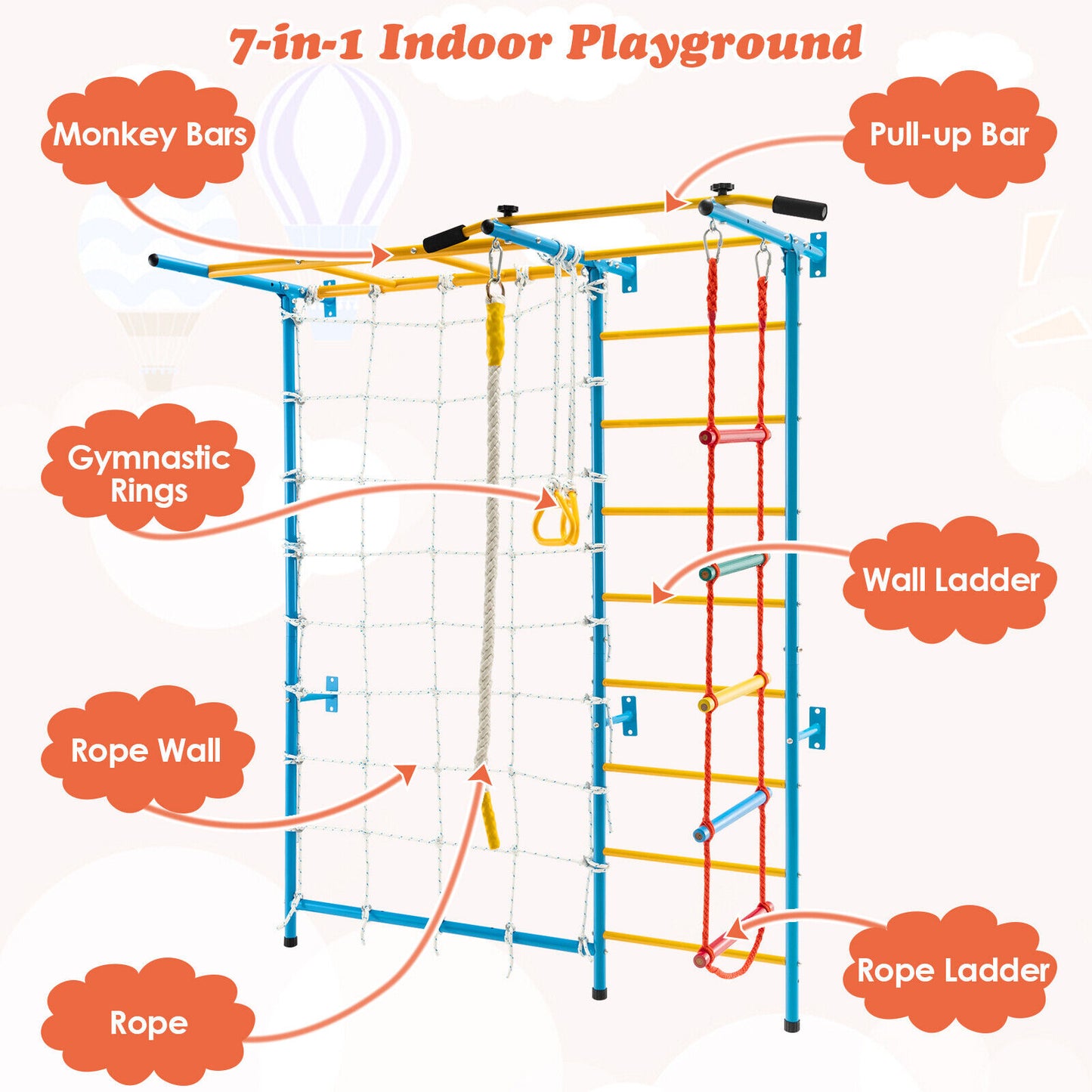 7 In 1 Kids Indoor Gym Playground Swedish Wall Ladder for Solid Wall-Yellow Kids Crystal