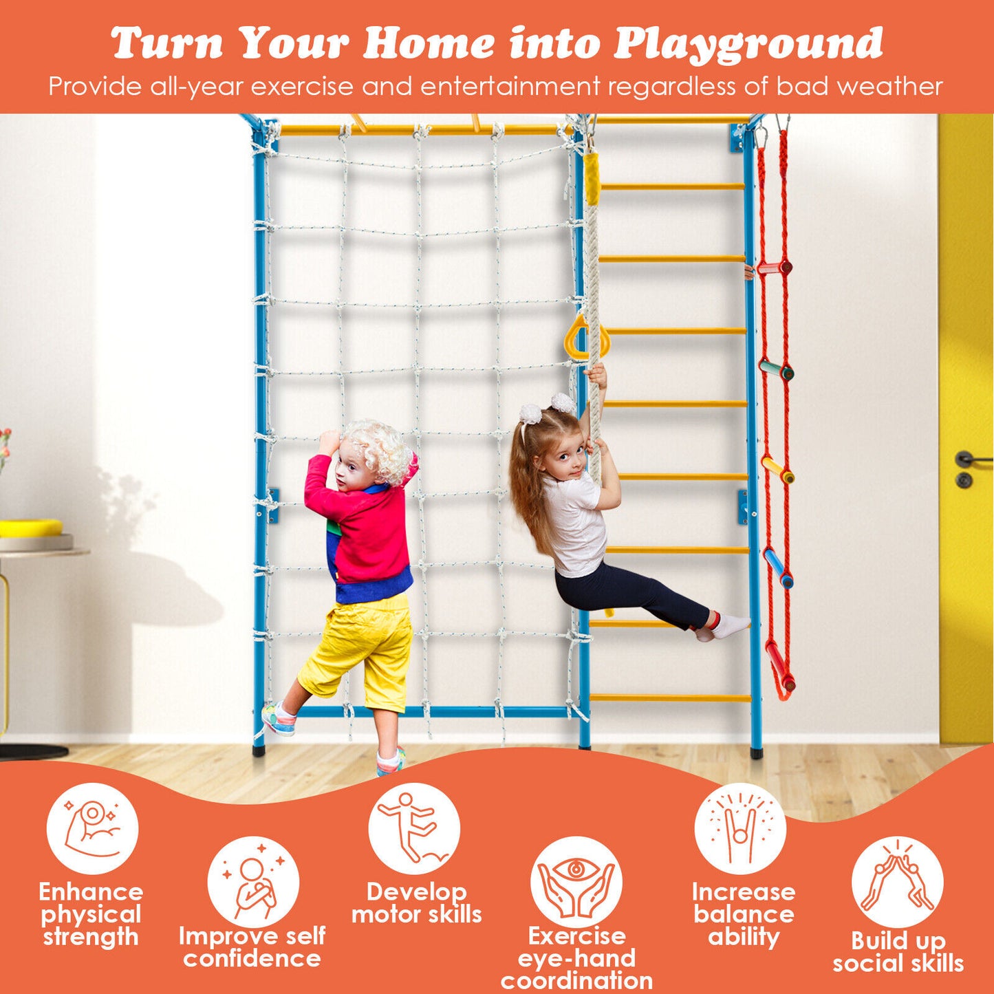 7 In 1 Kids Indoor Gym Playground Swedish Wall Ladder for Solid Wall-Yellow Kids Crystal