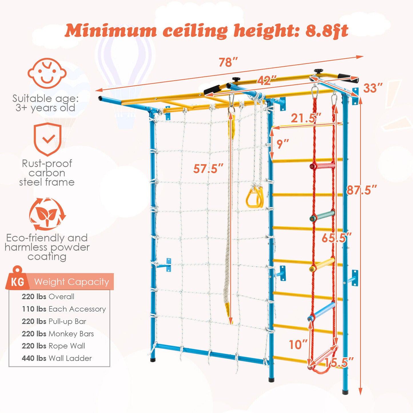 7 In 1 Kids Indoor Gym Playground Swedish Wall Ladder for Solid Wall-Yellow Kids Crystal