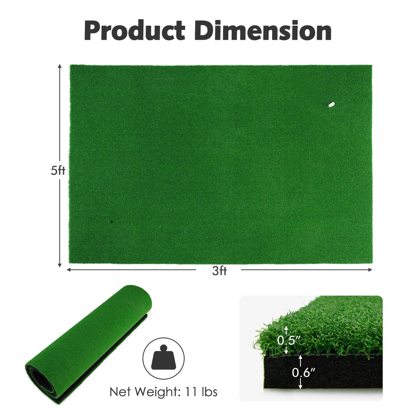 5 x 3 Feet Standard Real Feel Golf Practice Hitting Mat with Synthetic Turf and 3 Tees Kids Crystal