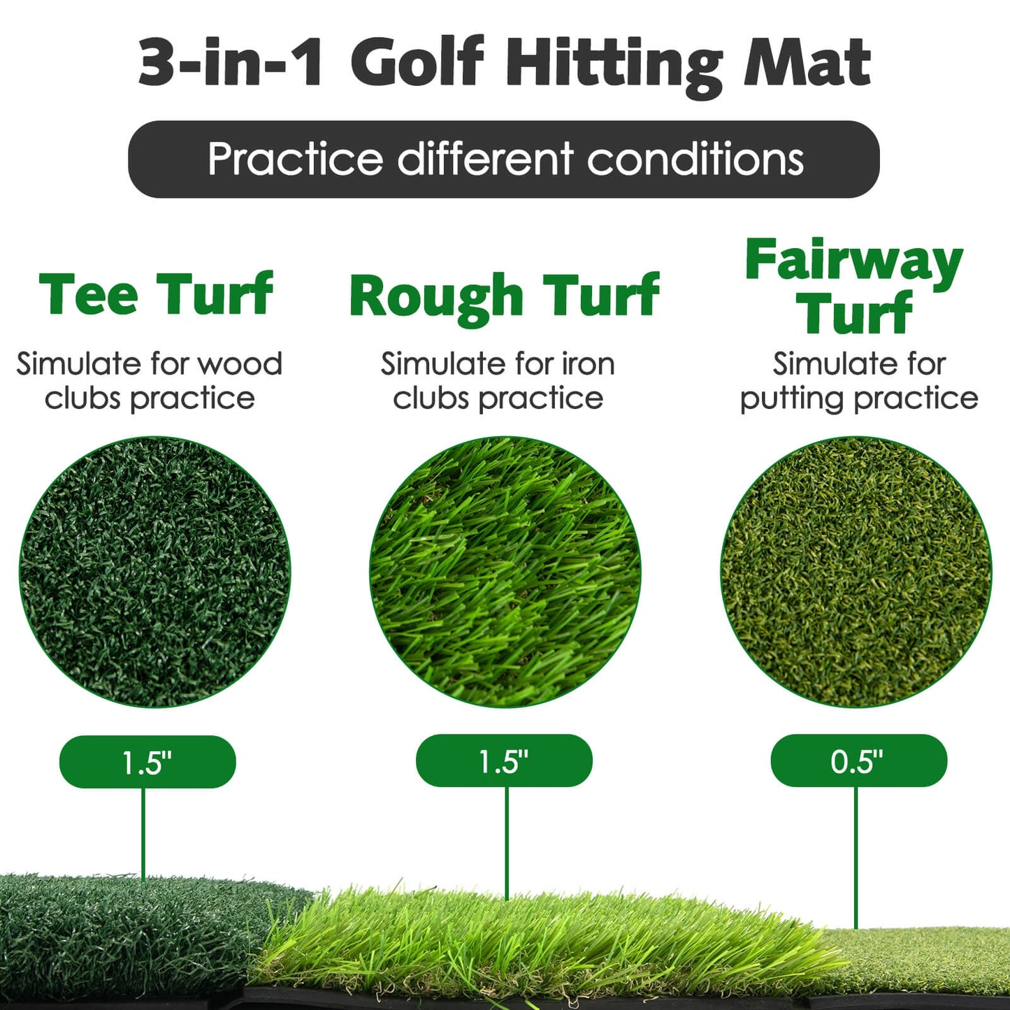 25 x 16 Inch Tri-Turf 3-in-1 Golf Hitting Mat Realistic Synthetic Turf with Tee Holder Kids Crystal