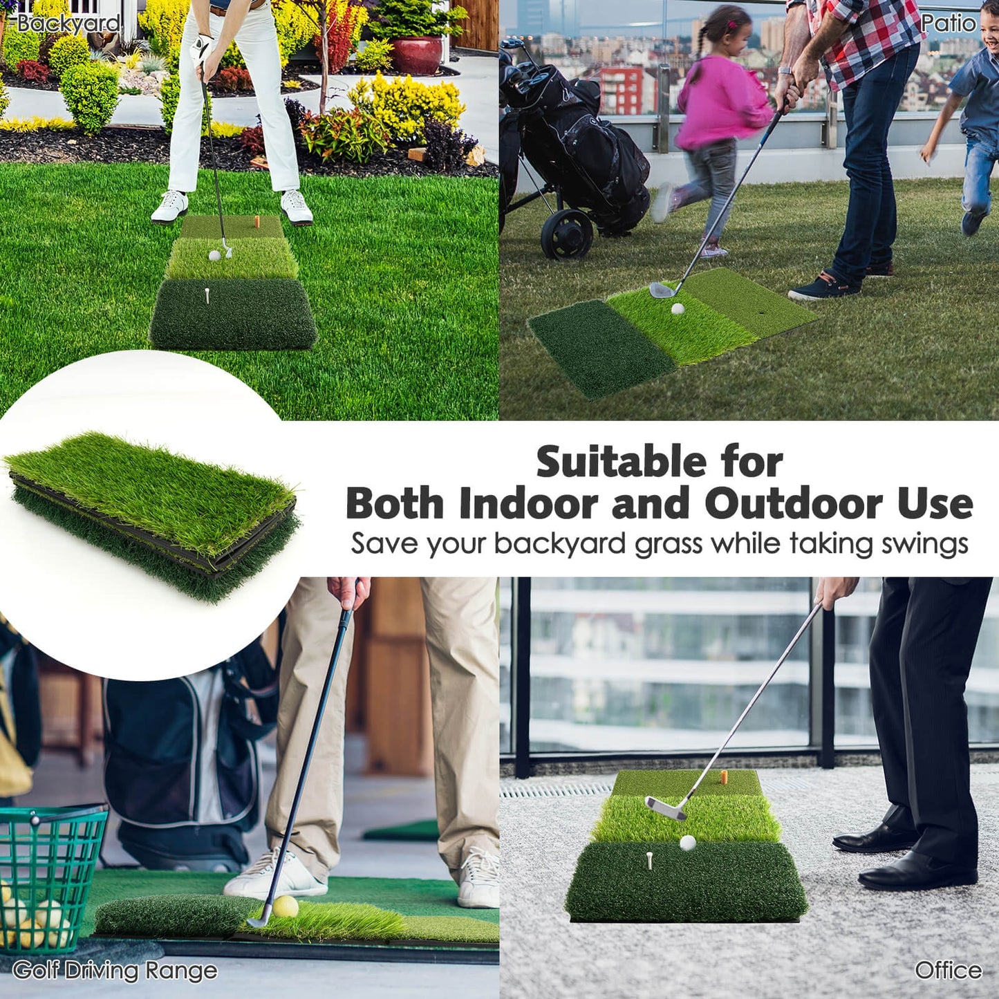 25 x 16 Inch Tri-Turf 3-in-1 Golf Hitting Mat Realistic Synthetic Turf with Tee Holder Kids Crystal
