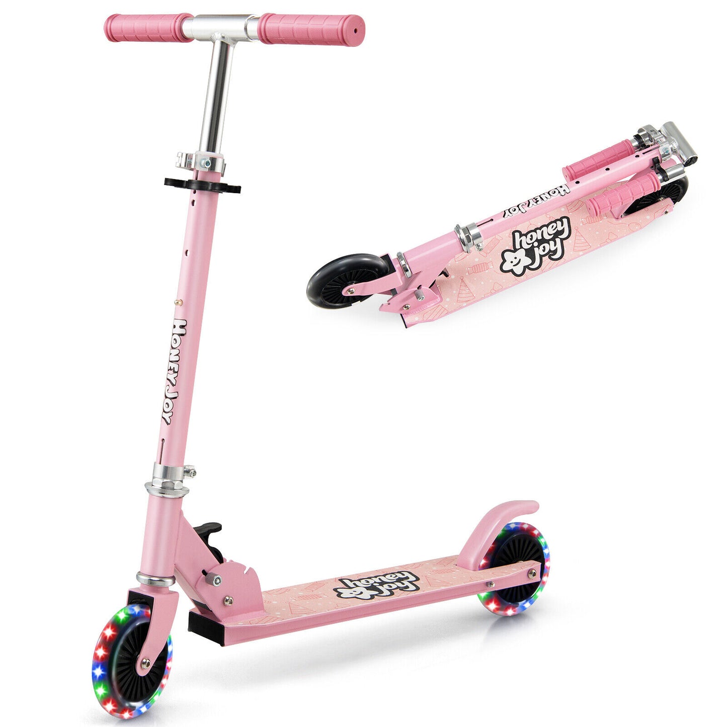 Folding Adjustable Height Kids Toy Kick Scooter with 2 Flashing Wheels-Pink Kids Crystal