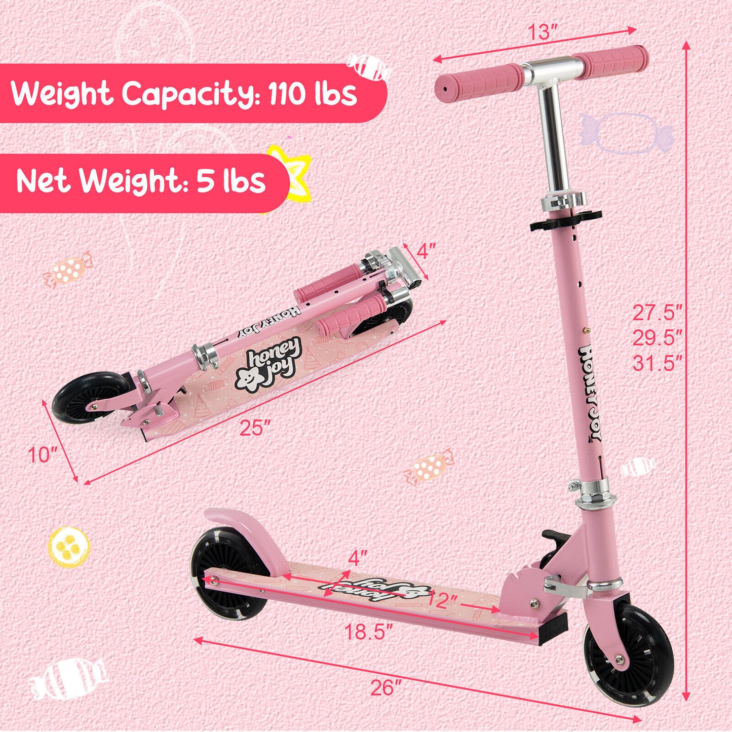 Folding Adjustable Height Kids Toy Kick Scooter with 2 Flashing Wheels-Pink Kids Crystal