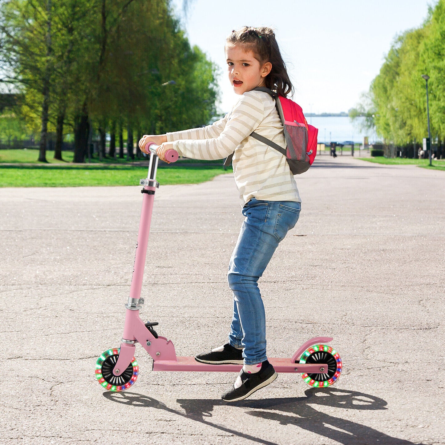 Folding Adjustable Height Kids Toy Kick Scooter with 2 Flashing Wheels-Pink Kids Crystal