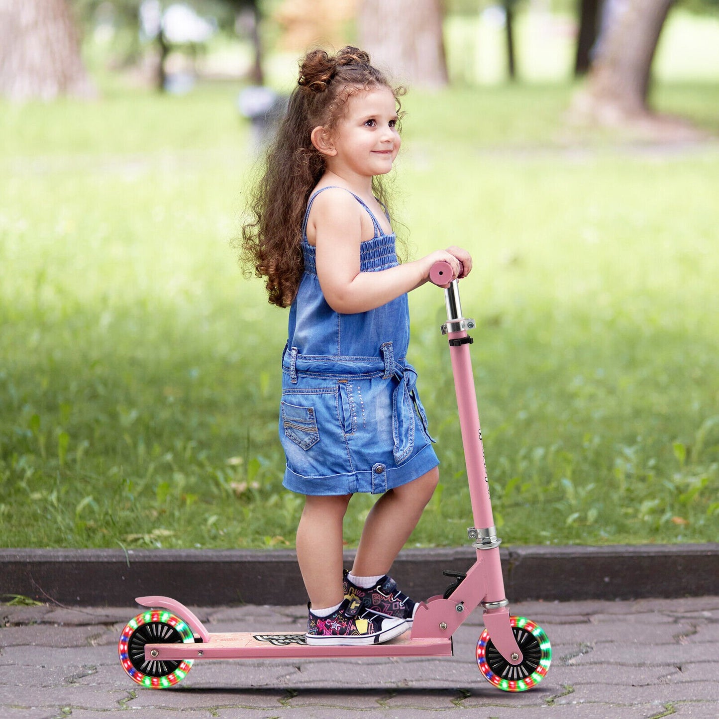 Folding Adjustable Height Kids Toy Kick Scooter with 2 Flashing Wheels-Pink Kids Crystal