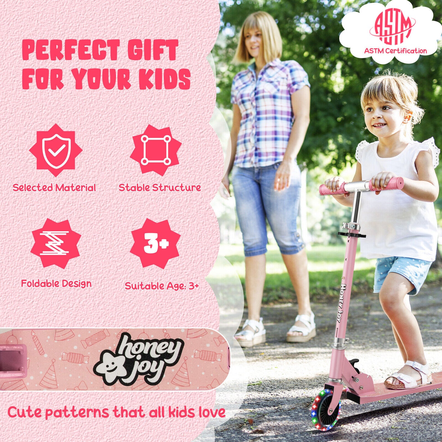 Folding Adjustable Height Kids Toy Kick Scooter with 2 Flashing Wheels-Pink Kids Crystal