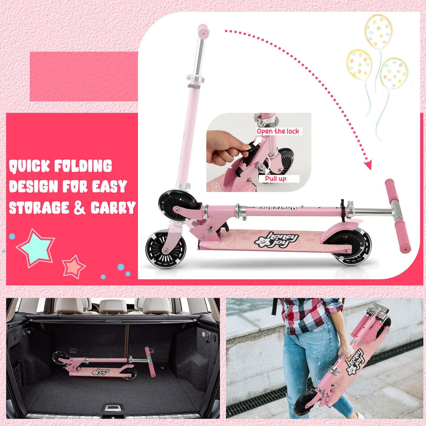 Folding Adjustable Height Kids Toy Kick Scooter with 2 Flashing Wheels-Pink Kids Crystal