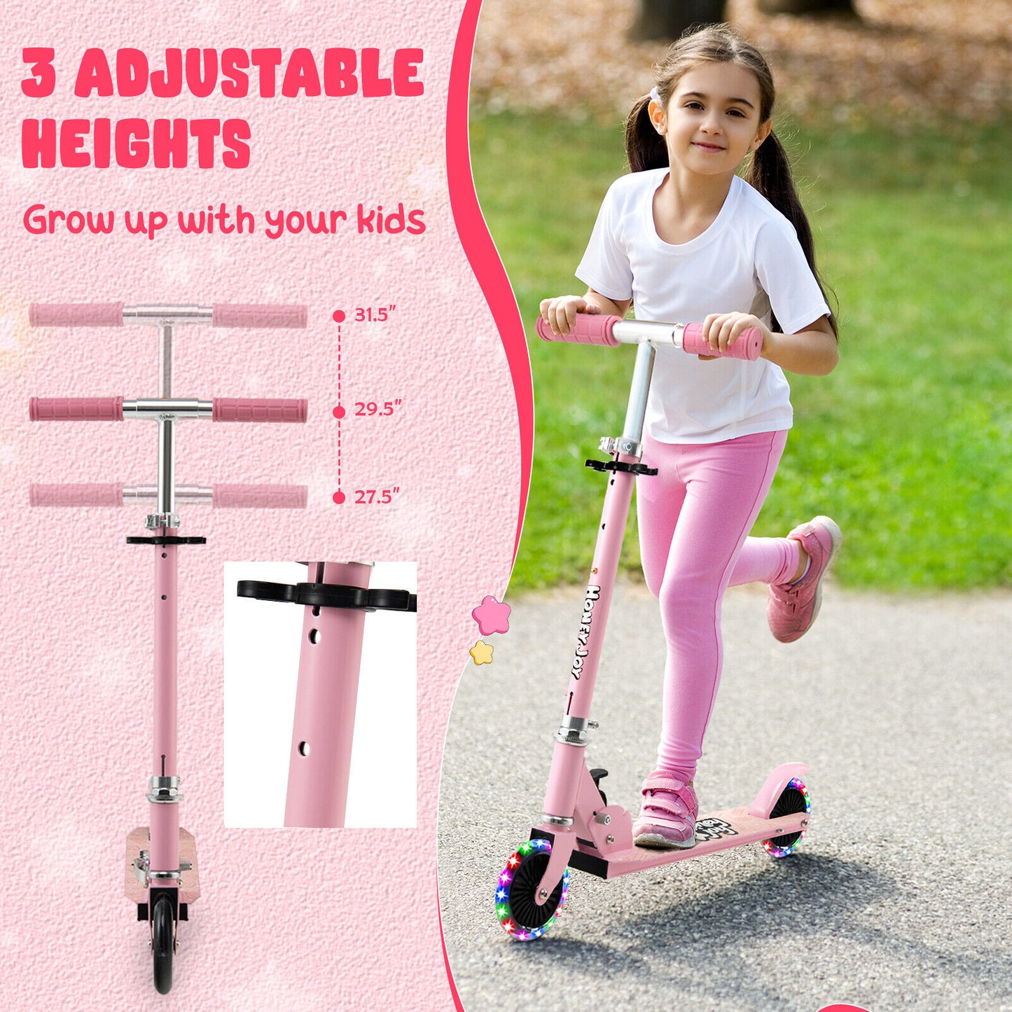 Folding Adjustable Height Kids Toy Kick Scooter with 2 Flashing Wheels-Pink Kids Crystal