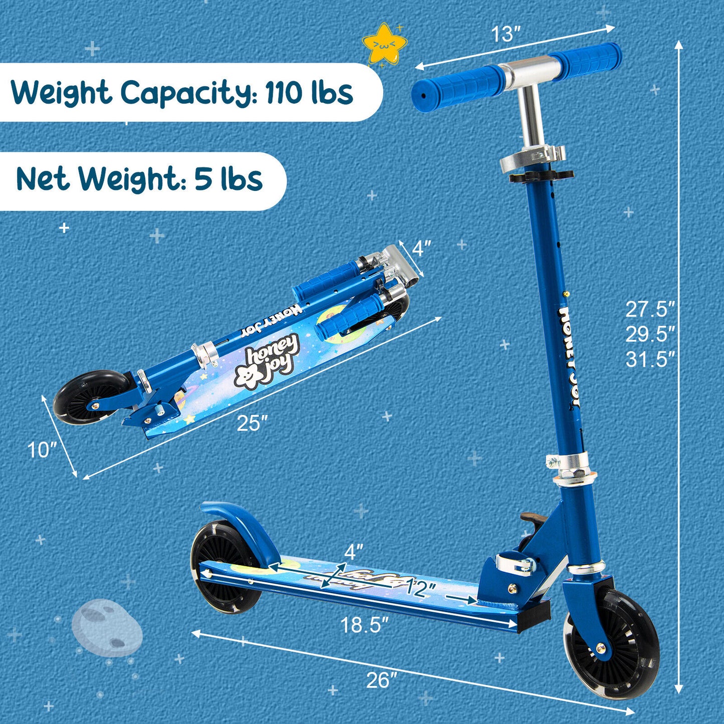 Folding Adjustable Height Kids Toy Kick Scooter with 2 Flashing Wheels-Blue Kids Crystal