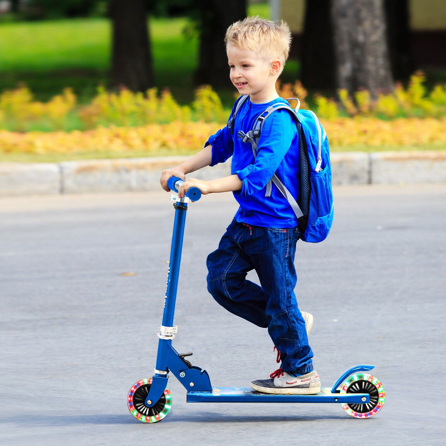 Folding Adjustable Height Kids Toy Kick Scooter with 2 Flashing Wheels-Blue Kids Crystal