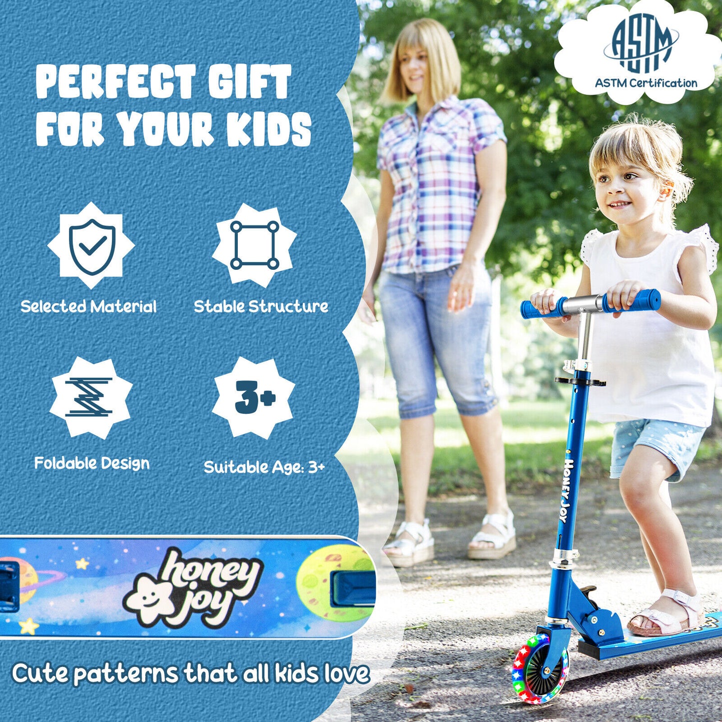 Folding Adjustable Height Kids Toy Kick Scooter with 2 Flashing Wheels-Blue Kids Crystal