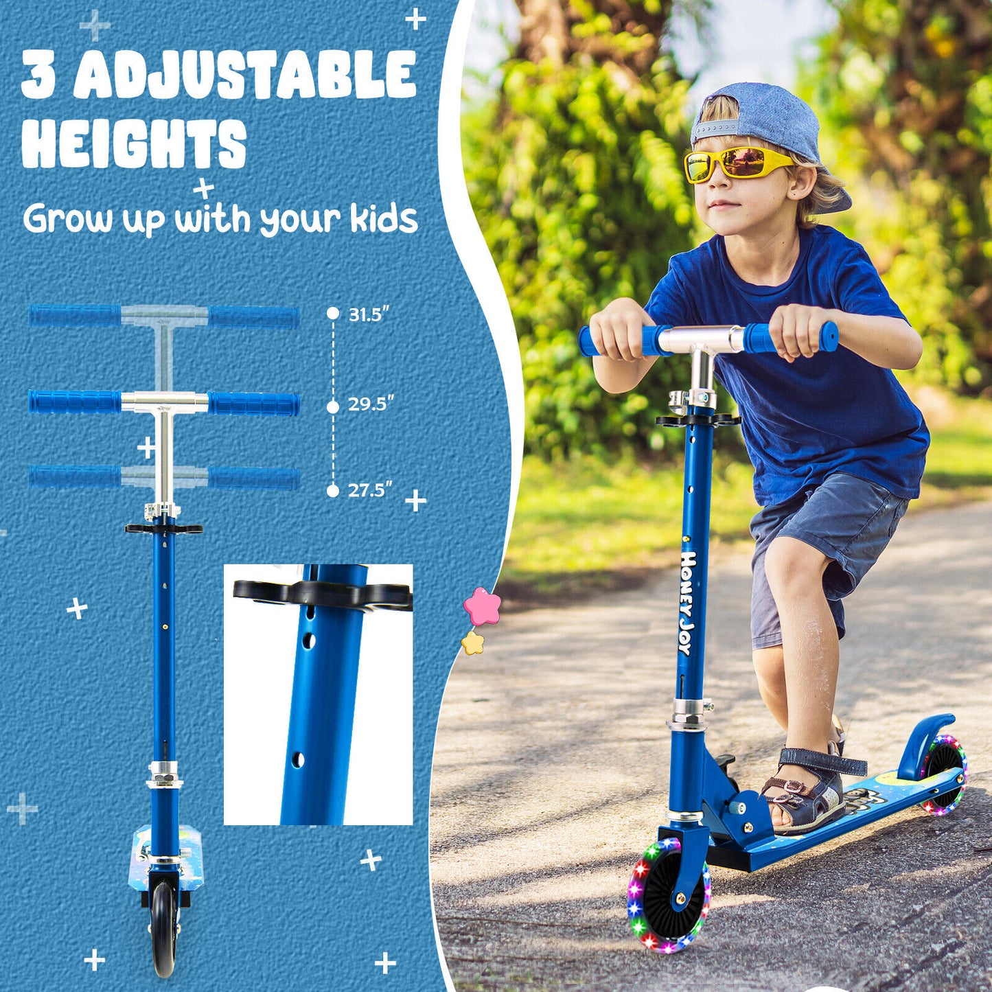 Folding Adjustable Height Kids Toy Kick Scooter with 2 Flashing Wheels-Blue Kids Crystal