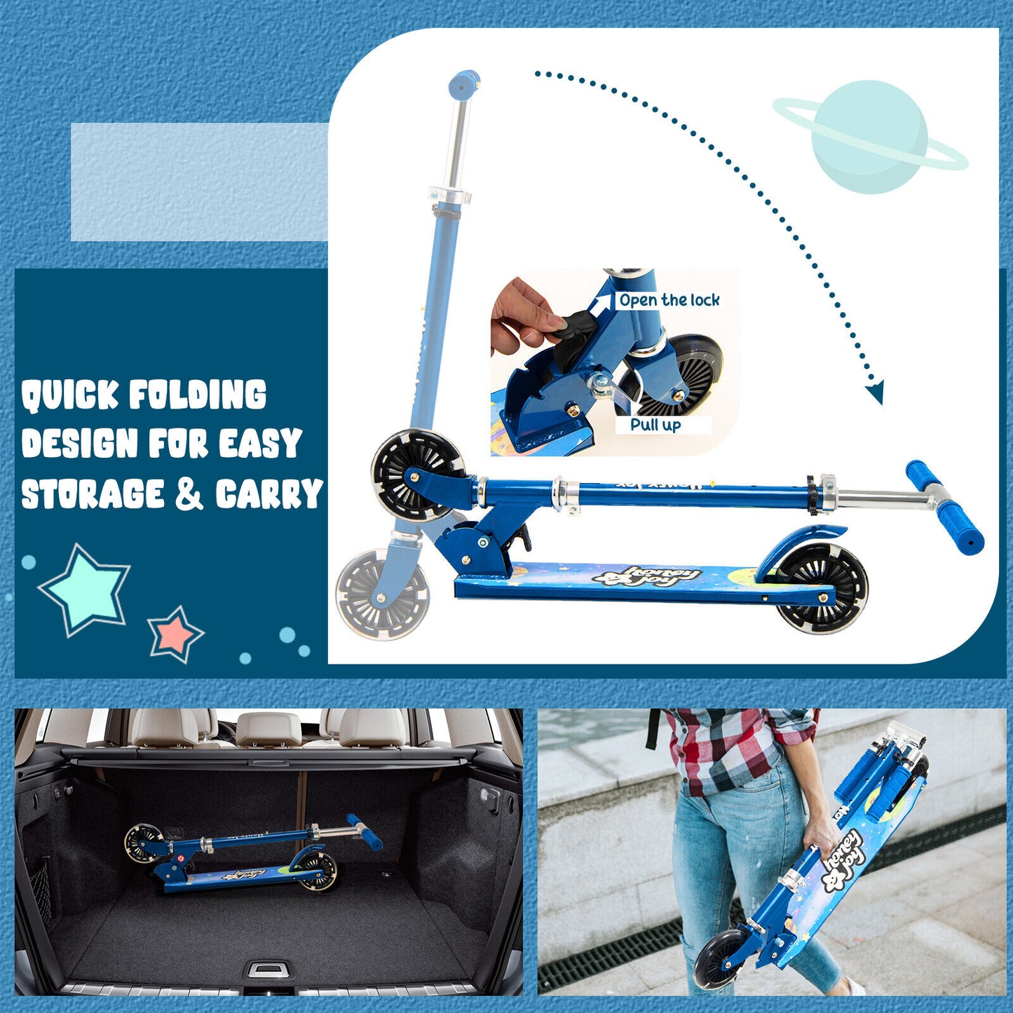 Folding Adjustable Height Kids Toy Kick Scooter with 2 Flashing Wheels-Blue Kids Crystal