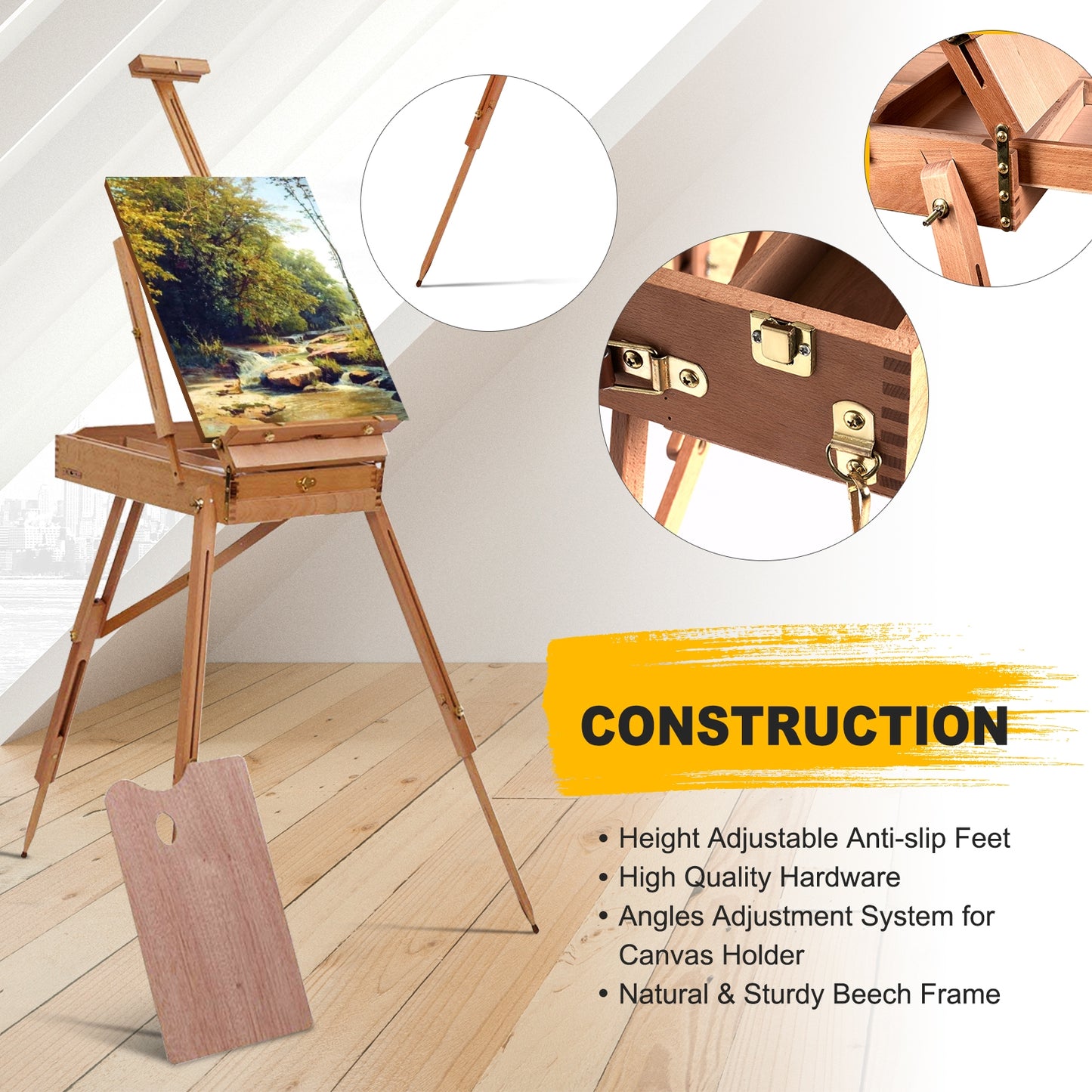 Tripod Folding French Wooden Easel with Sketch Box Kids Crystal