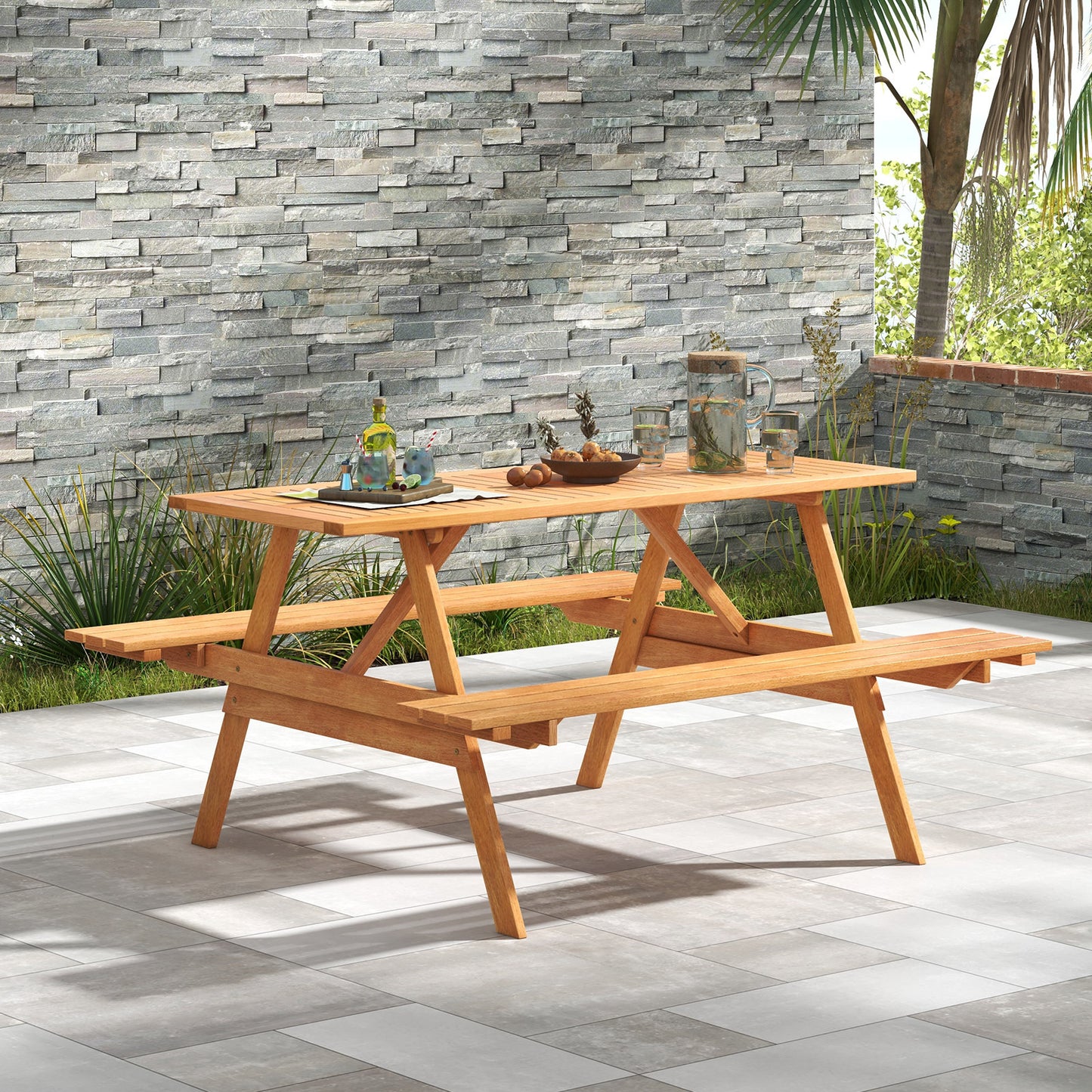 6 Person Picnic Table Set Patio Rectangle with 2 Built-in Benches and Umbrella Hole Kids Crystal