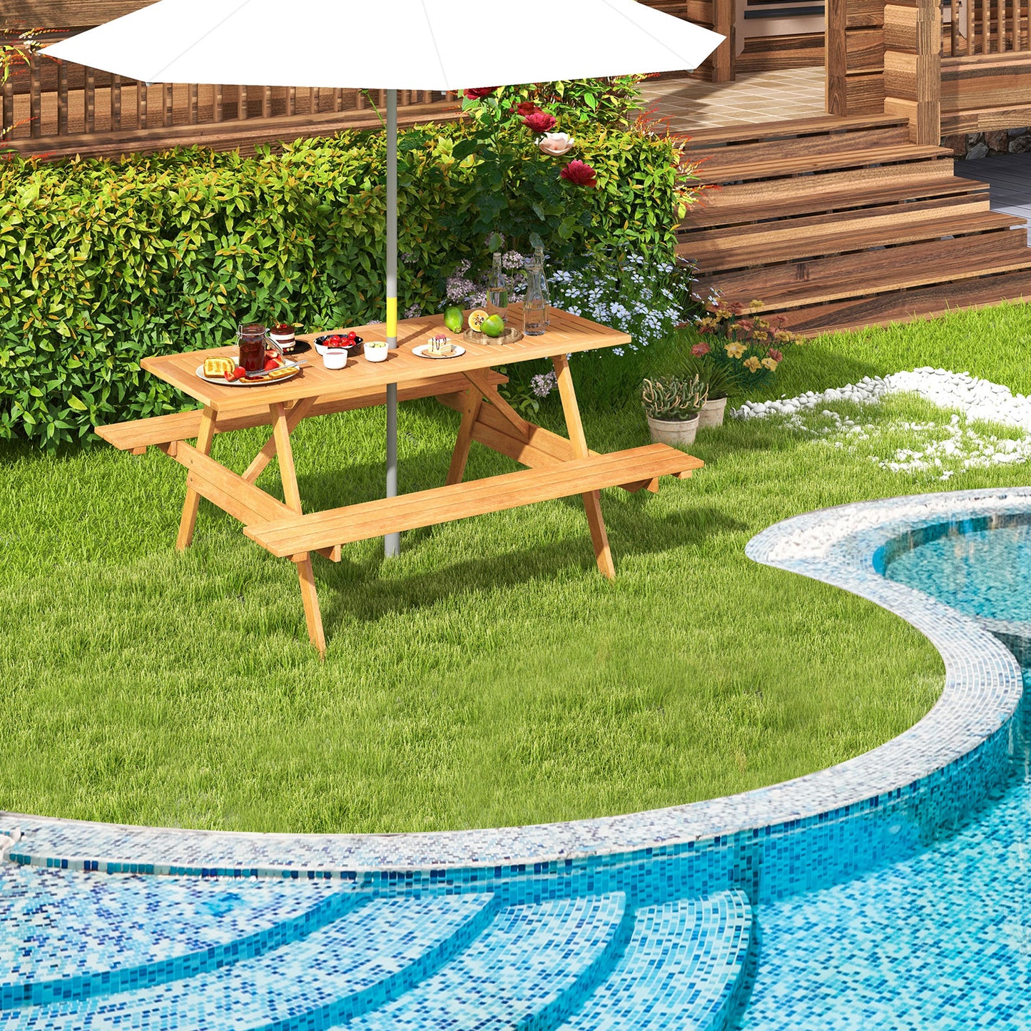 6 Person Picnic Table Set Patio Rectangle with 2 Built-in Benches and Umbrella Hole Kids Crystal