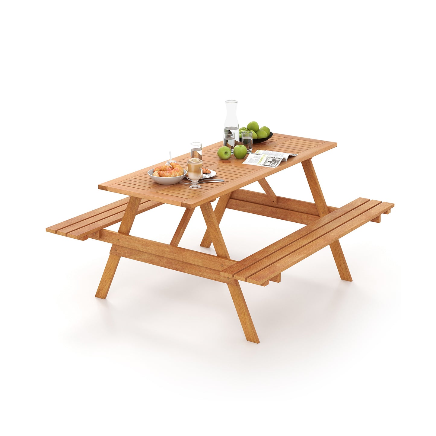 6 Person Picnic Table Set Patio Rectangle with 2 Built-in Benches and Umbrella Hole Kids Crystal