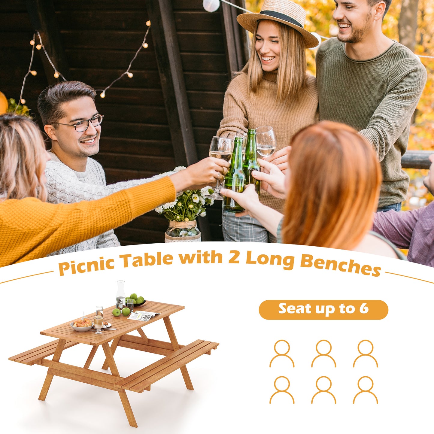6 Person Picnic Table Set Patio Rectangle with 2 Built-in Benches and Umbrella Hole Kids Crystal
