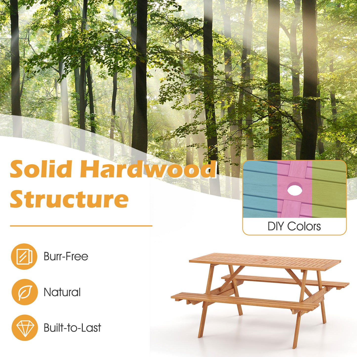 6 Person Picnic Table Set Patio Rectangle with 2 Built-in Benches and Umbrella Hole Kids Crystal