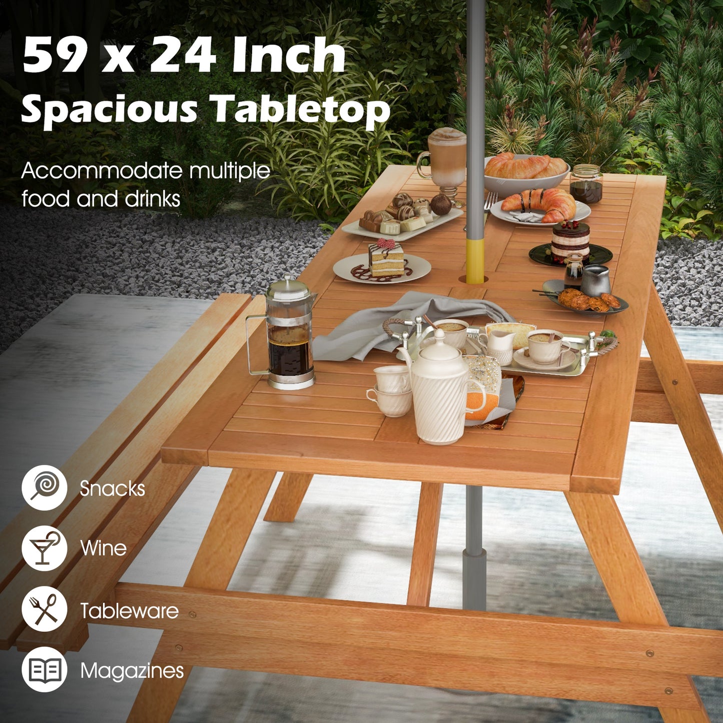 6 Person Picnic Table Set Patio Rectangle with 2 Built-in Benches and Umbrella Hole Kids Crystal