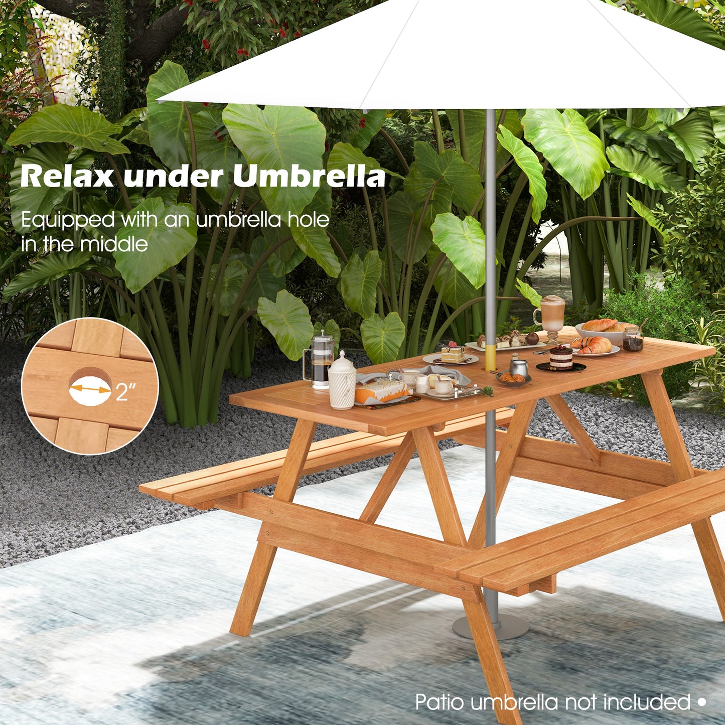 6 Person Picnic Table Set Patio Rectangle with 2 Built-in Benches and Umbrella Hole Kids Crystal