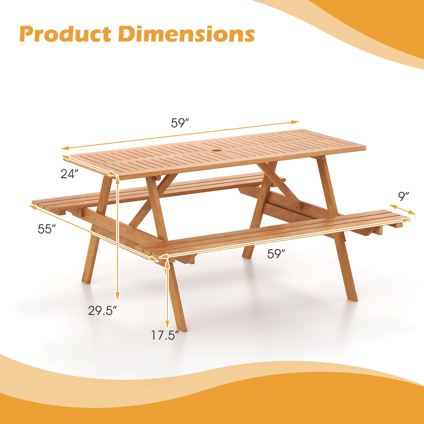 6 Person Picnic Table Set Patio Rectangle with 2 Built-in Benches and Umbrella Hole Kids Crystal