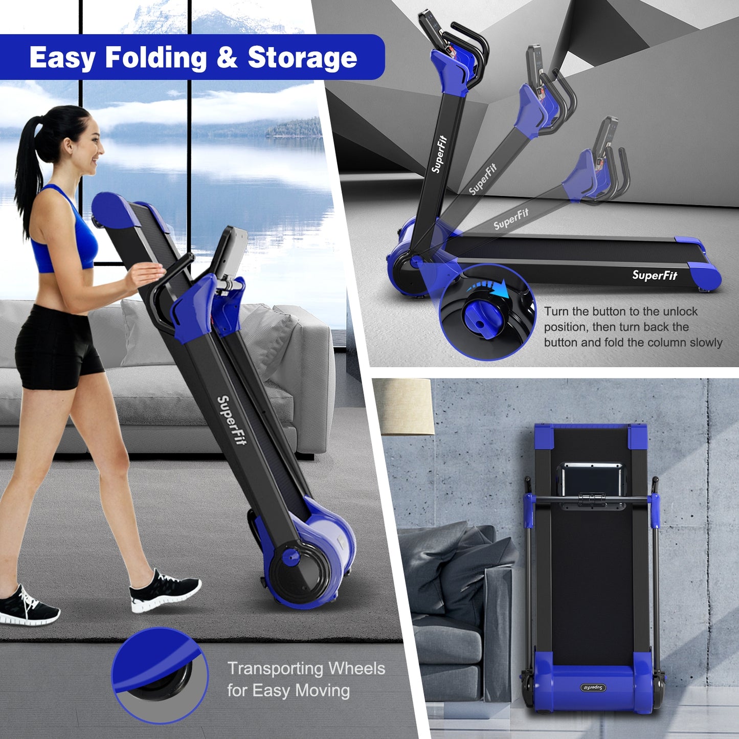 2.25 HP Electric Motorized Folding Running Treadmill Machine with LED Display and APP Control-Navy Kids Crystal