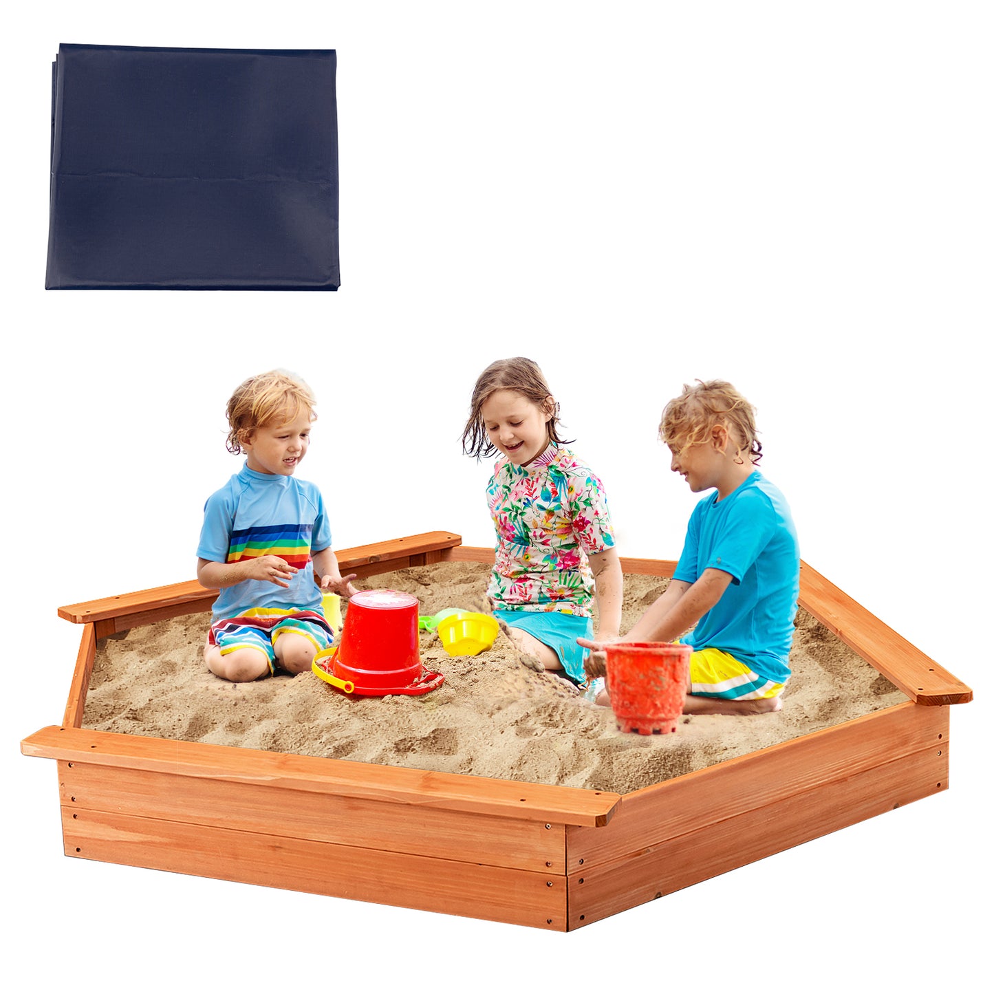 Hexagon Wooden Cedar Sand Box with Seat Boards Kids Crystal