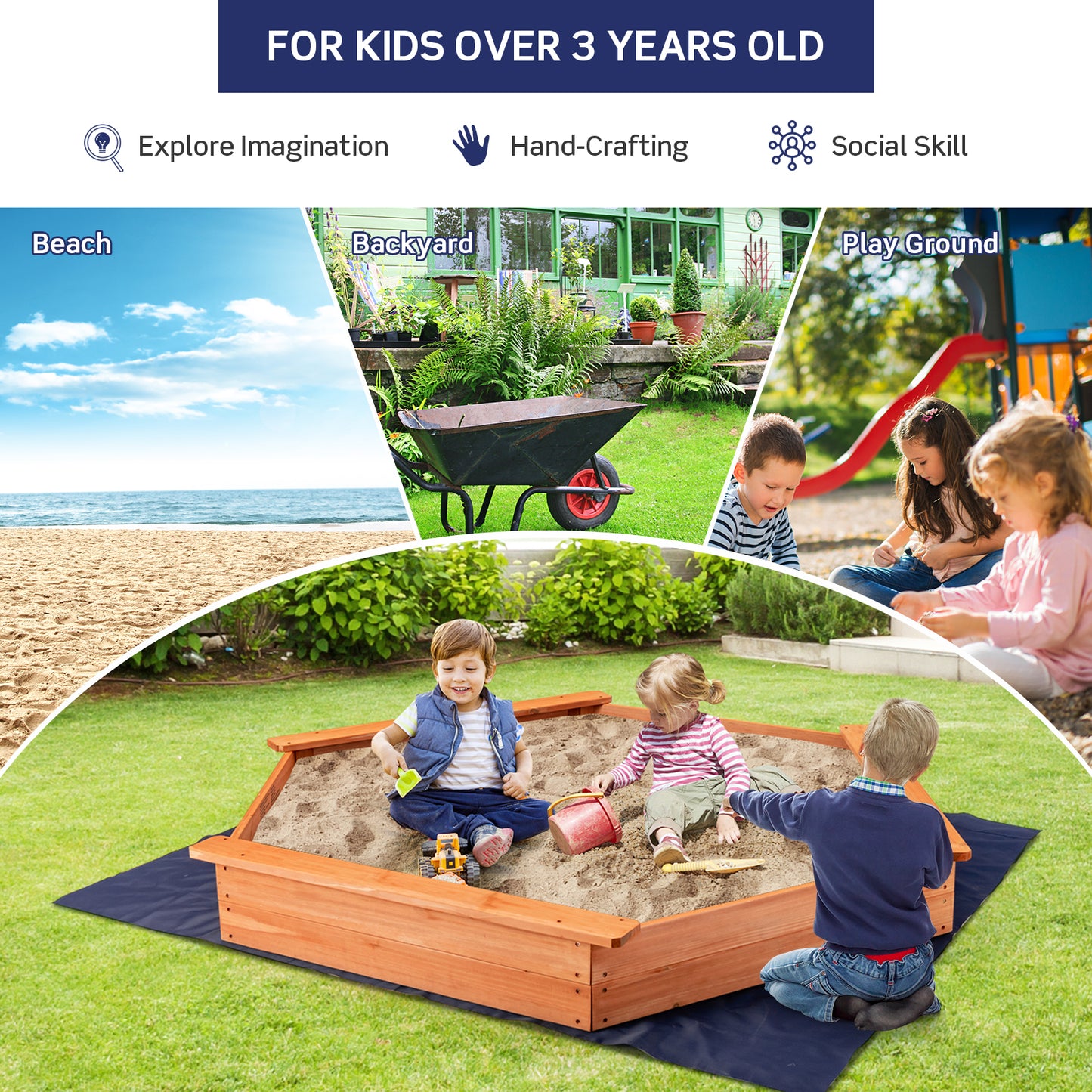 Hexagon Wooden Cedar Sand Box with Seat Boards Kids Crystal