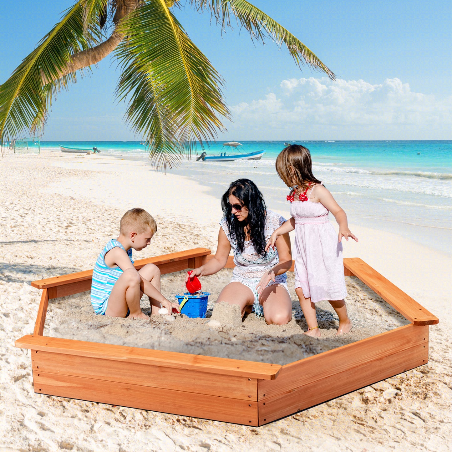 Hexagon Wooden Cedar Sand Box with Seat Boards Kids Crystal
