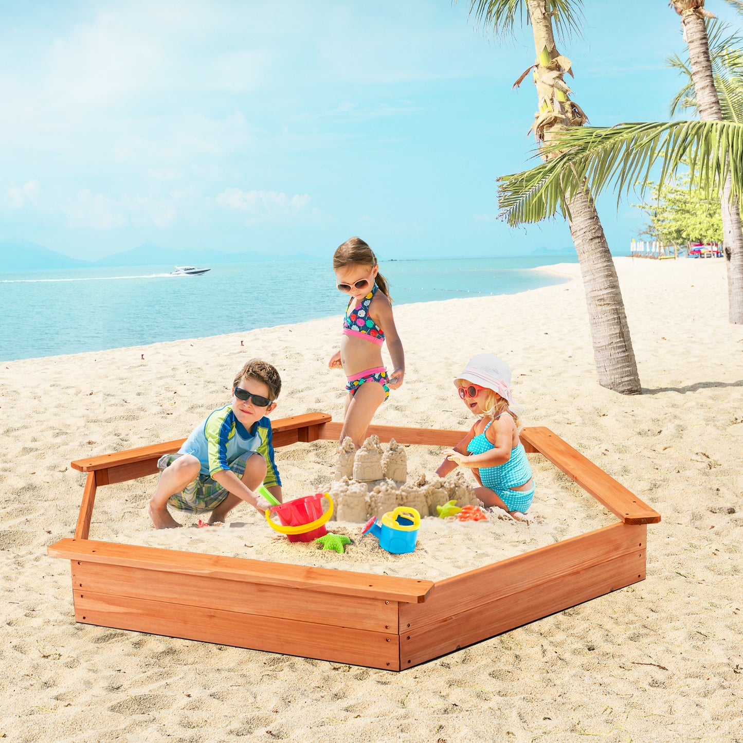 Hexagon Wooden Cedar Sand Box with Seat Boards Kids Crystal