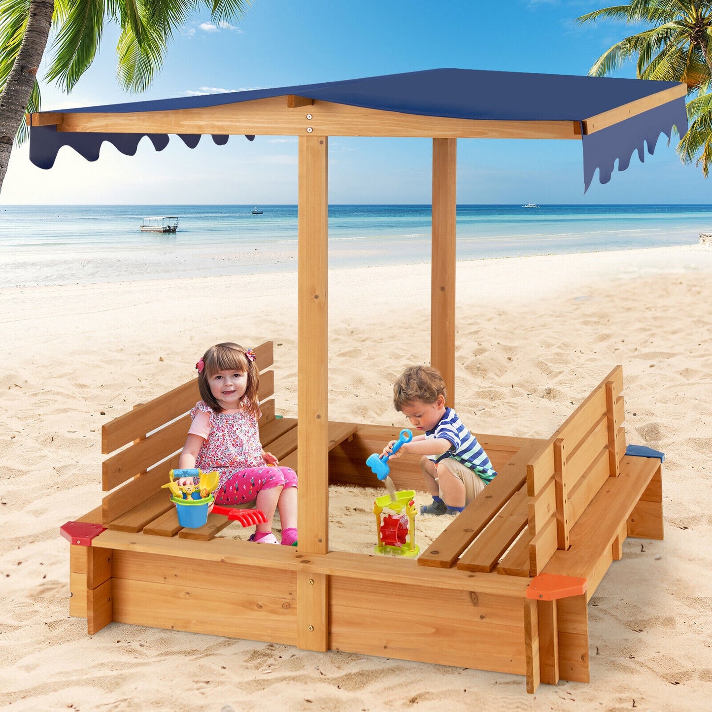 Kids Wooden Sandbox with Canopy and 2 Bench Seats Kids Crystal