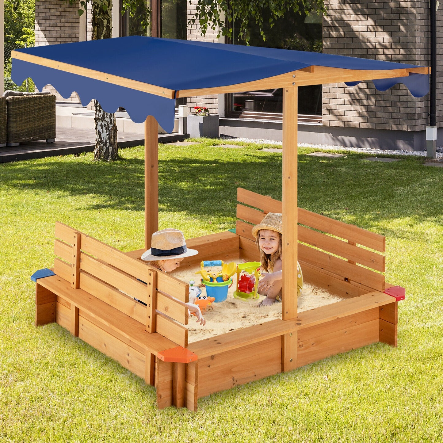 Kids Wooden Sandbox with Canopy and 2 Bench Seats Kids Crystal