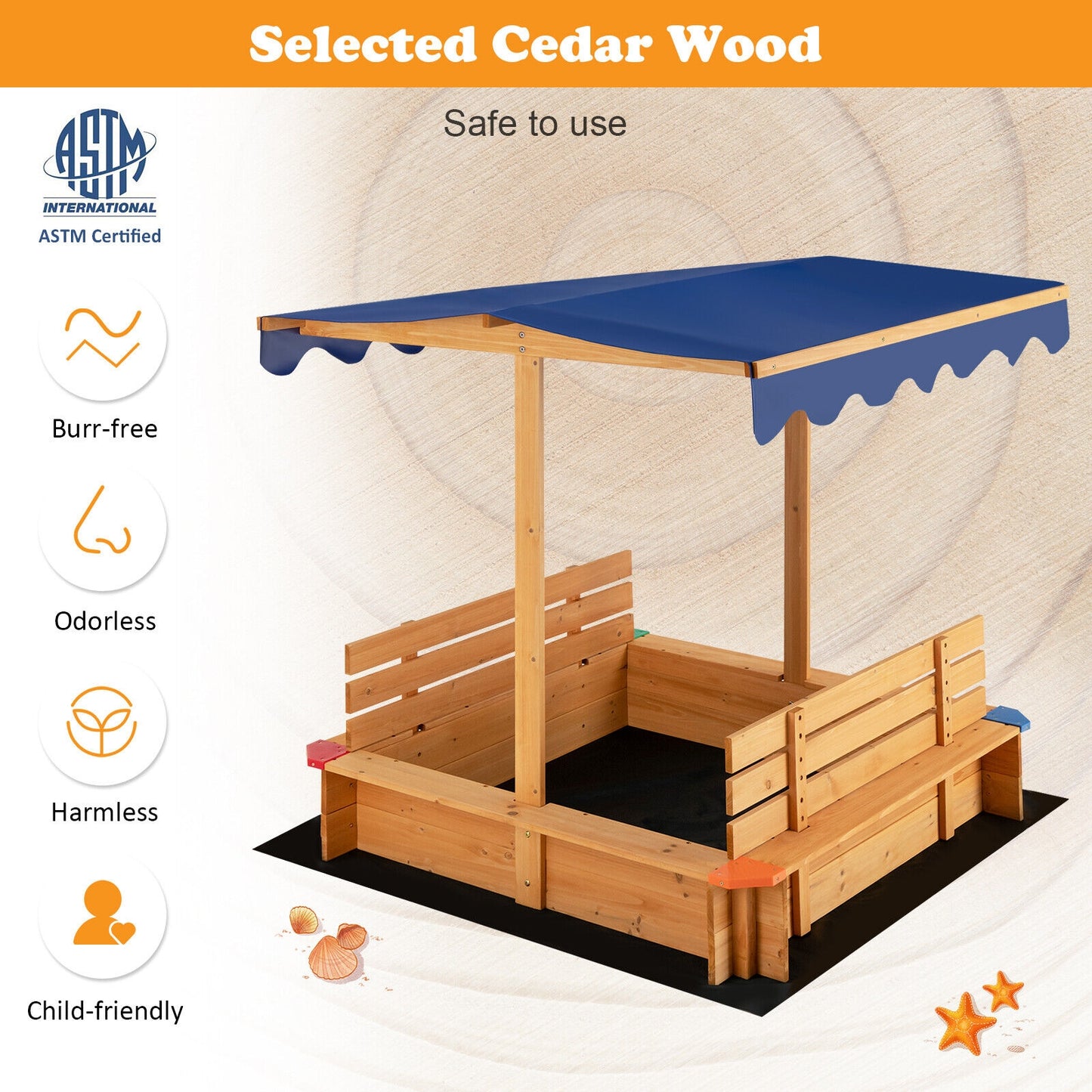 Kids Wooden Sandbox with Canopy and 2 Bench Seats Kids Crystal