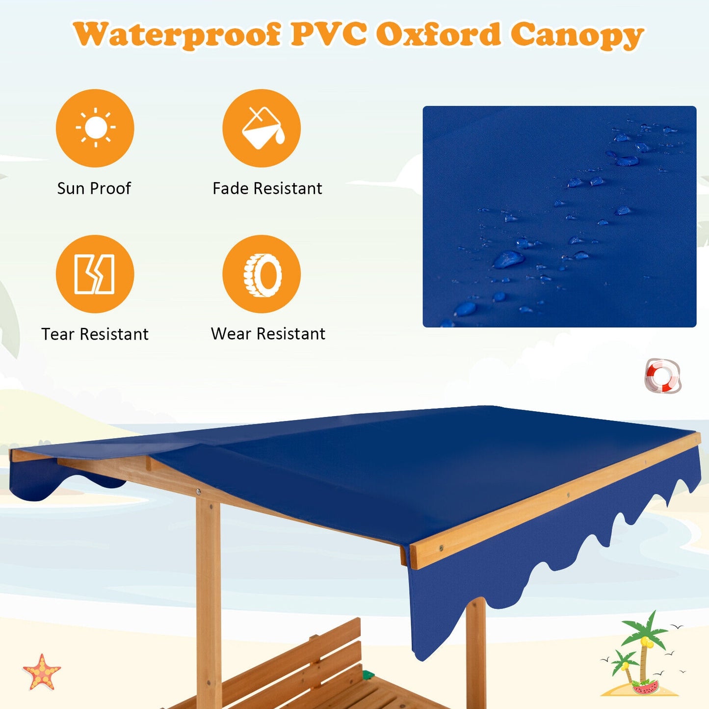 Kids Wooden Sandbox with Canopy and 2 Bench Seats Kids Crystal